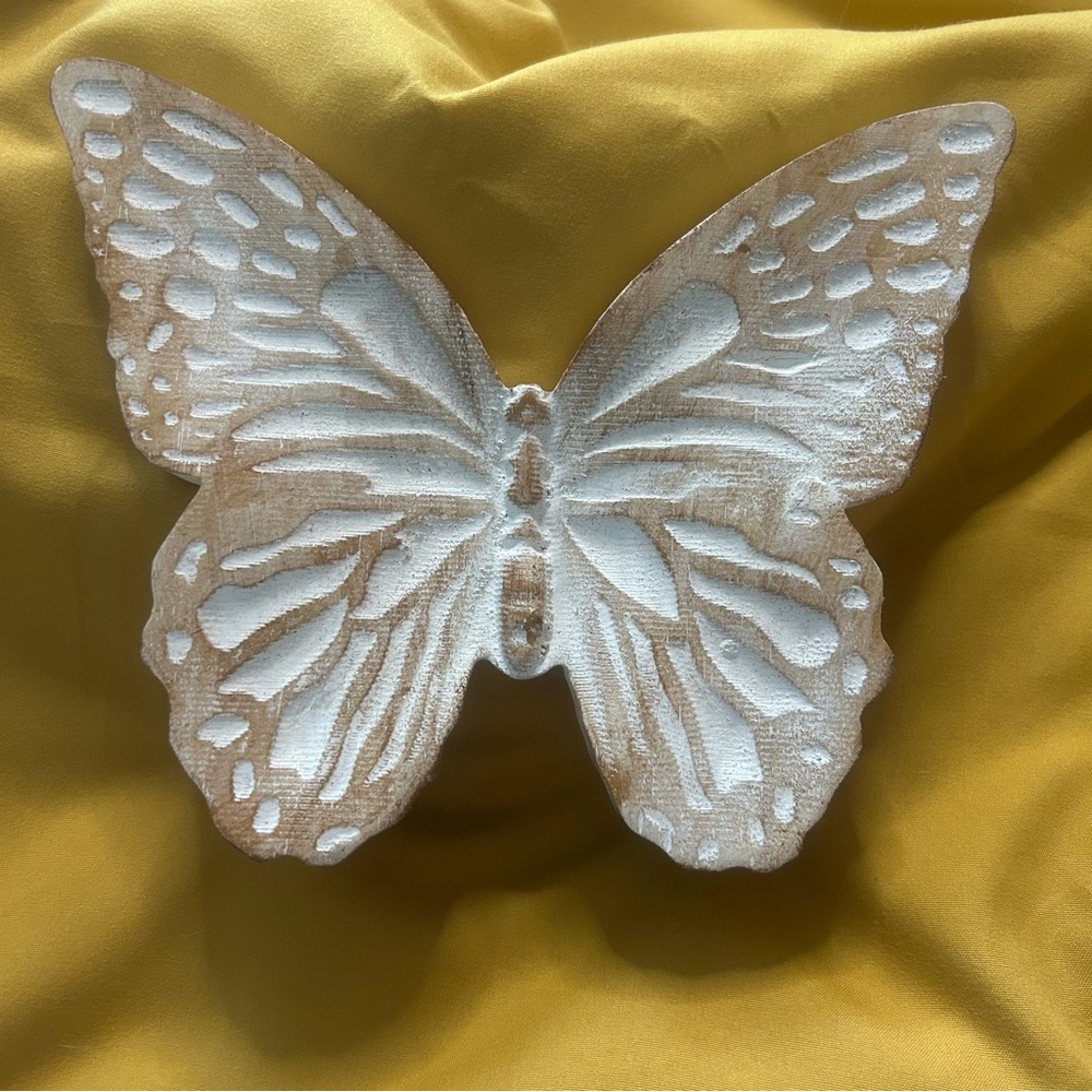 Elegant White and Tan carved Wood Butterfly Wall Decor